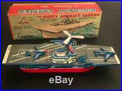 1950's Japan Cragstan Tin Friction Toy Mighty Aircraft Carrier in Original Box