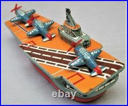 1950's Tin Aircraft Carrier Toy with Friction Action Airplanes Made in Japan