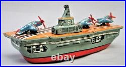 1950's Tin Aircraft Carrier Toy with Friction Action Airplanes Made in Japan
