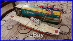 Bandai Japan Aircraft Carrier With Jet Plane Friction Tin Toy'50 Box Vintage