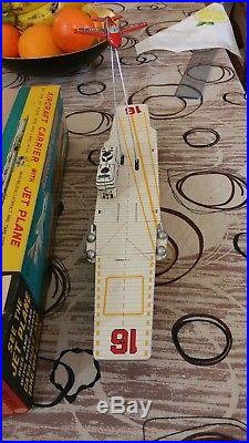 Bandai Japan Aircraft Carrier With Jet Plane Friction Tin Toy'50 Box Vintage