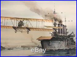 Early Aviation! Eugene Ely 1st Aircraft Carrier Lithograph John T. McCoy Jr