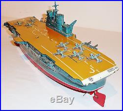 MARUSAN Japanese Tin Litho Windup 1950s US NAVY AIRCRAFT CARRIER with BOX 14.75