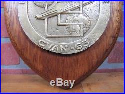 Old USS ENTERPRISE CVAN 65 Navy Aircraft Carrier Brass Emblem Wooden Plaque