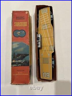 Rare Tin Toy SARATOGA # 60 US NAVY AIRCRAFT CARRIER Friction JAPAN ORIGINAL BOX