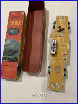 Rare Tin Toy SARATOGA # 60 US NAVY AIRCRAFT CARRIER Friction JAPAN ORIGINAL BOX