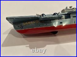 Rare Tin Toy SARATOGA # 60 US NAVY AIRCRAFT CARRIER Friction JAPAN ORIGINAL BOX