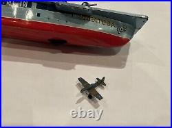 Rare Tin Toy SARATOGA # 60 US NAVY AIRCRAFT CARRIER Friction JAPAN ORIGINAL BOX