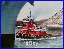 Tony Fachet Original Oil-USS Independence Aircraft Carrier Tugboat 24x30