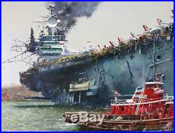 Tony Fachet Original Oil-USS Independence Aircraft Carrier Tugboat 24x30