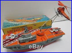 VINTAGE JAPAN YANOMAN TIN FRICTION AIRCRAFT CARRIER REVOLVING HELICOPTER WithBOX