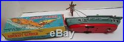 VINTAGE JAPAN YANOMAN TIN FRICTION AIRCRAFT CARRIER REVOLVING HELICOPTER WithBOX