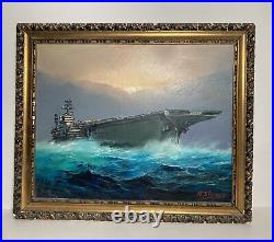 Vintage Original Oil Painting US Aircraft Carrier Oceanscape -Signed A. Stirone