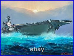 Vintage Original Oil Painting US Aircraft Carrier Oceanscape -Signed A. Stirone