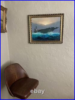 Vintage Original Oil Painting US Aircraft Carrier Oceanscape -Signed A. Stirone