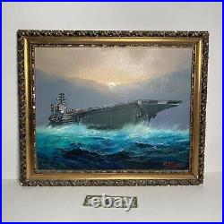 Vintage Original Oil Painting US Aircraft Carrier Oceanscape -Signed A. Stirone