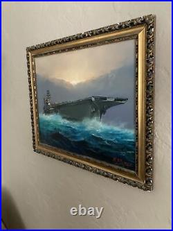 Vintage Original Oil Painting US Aircraft Carrier Oceanscape -Signed A. Stirone