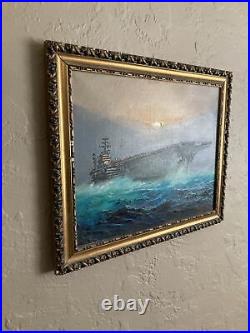 Vintage Original Oil Painting US Aircraft Carrier Oceanscape -Signed A. Stirone