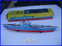 Vintage Tin Japan Aircraft Carrier Coral Sea Friction Power In Original Box