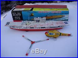 Vintage Tin Japan Cragstan Aircraft Carrier Forestal With Helicopter Friction
