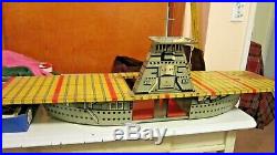 Vintage Tin Litho Aircraft Carrier withElevator on Wheels by Argo with14 used Planes