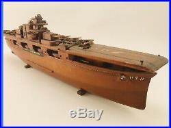 Wooden Navy Aircraft Carrier Ship USS Lexington Biplanes WWII Folk Art Petitte