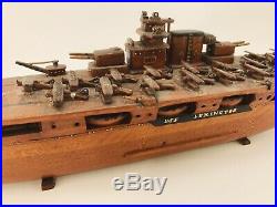 Wooden Navy Aircraft Carrier Ship USS Lexington Biplanes WWII Folk Art Petitte